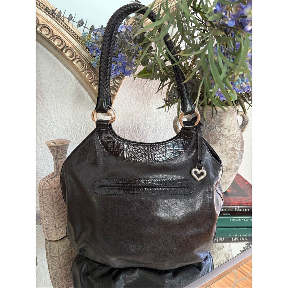 Brighton Valencia Black Leather Floral Embroidered Hobo Bag NWOT Heart Charm - Picture 11 of 12
